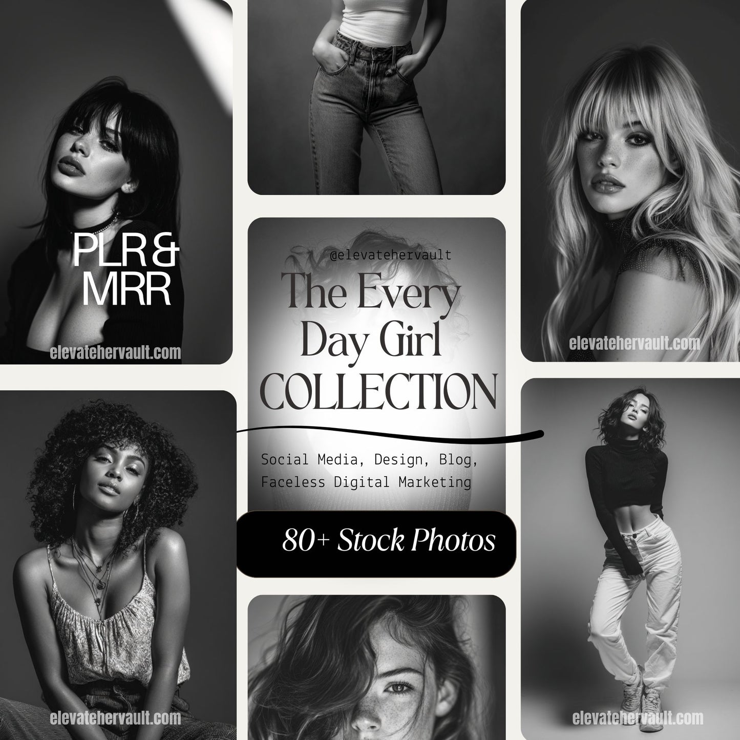 Nine-image grid of black and white portrait stock photos — Every Day Girl collection — www.elevatehervault.com