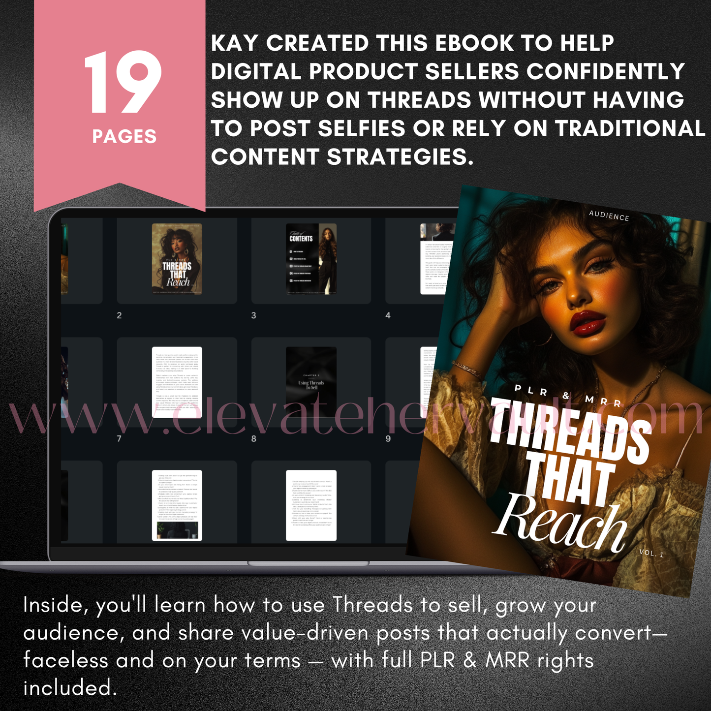 Threads That Reach eBook mockup highlighting 35 total editable pages, laptop screen preview, and bold PLR & MRR label for resale. www.elevatehervault.com