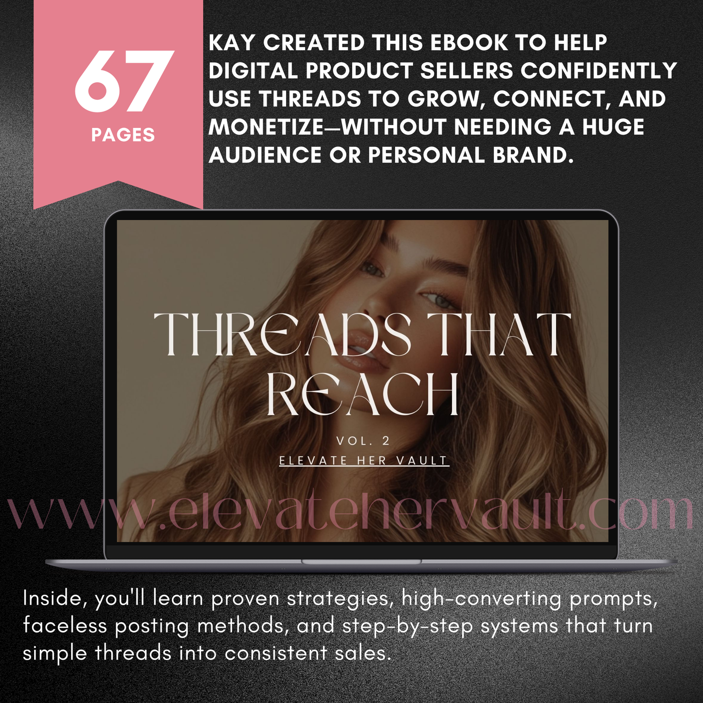 Promotional graphic for 'Threads That Reach' eBook by Kay, displayed on a laptop screen. www.elevatehervault.com