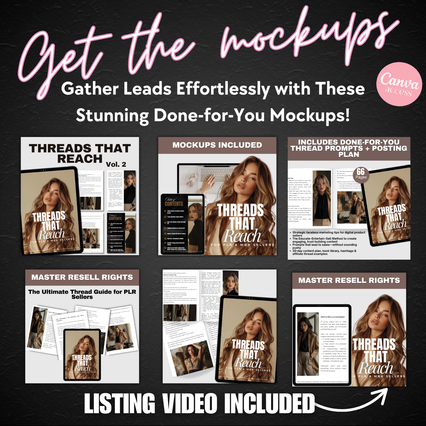Promotional graphic for 'Threads That Reach' mockups with text and images on a dark background. www.elevatehervault.com