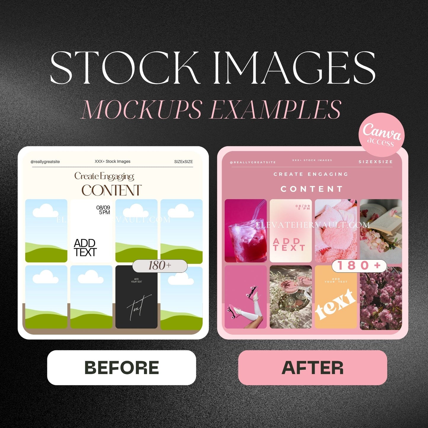 Pink-themed Canva mockup examples showing the difference between raw photos and styled mockups. www.elevatehervault.com