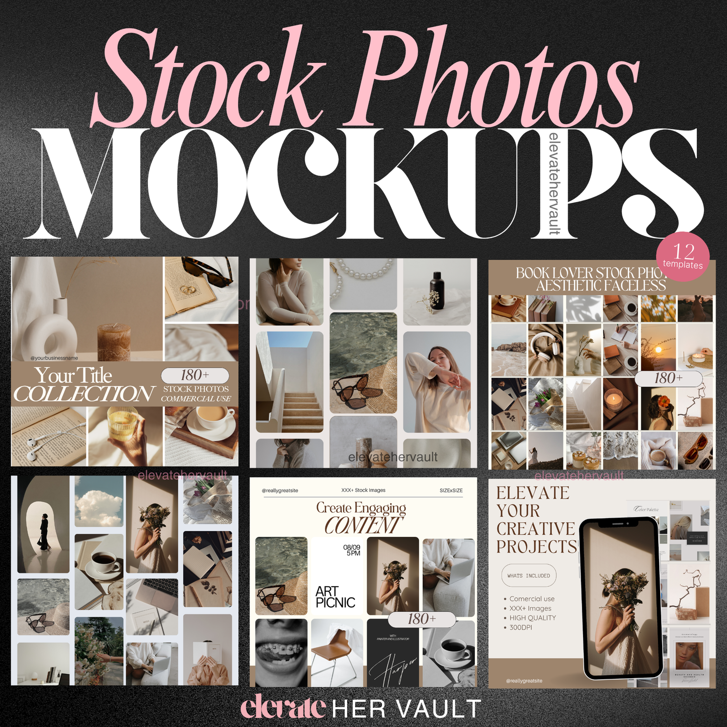 Stock Photos Mockups Cover – A showcase of modern, aesthetic Canva mockups designed to highlight stock photography collections. www.elevatehervault.com