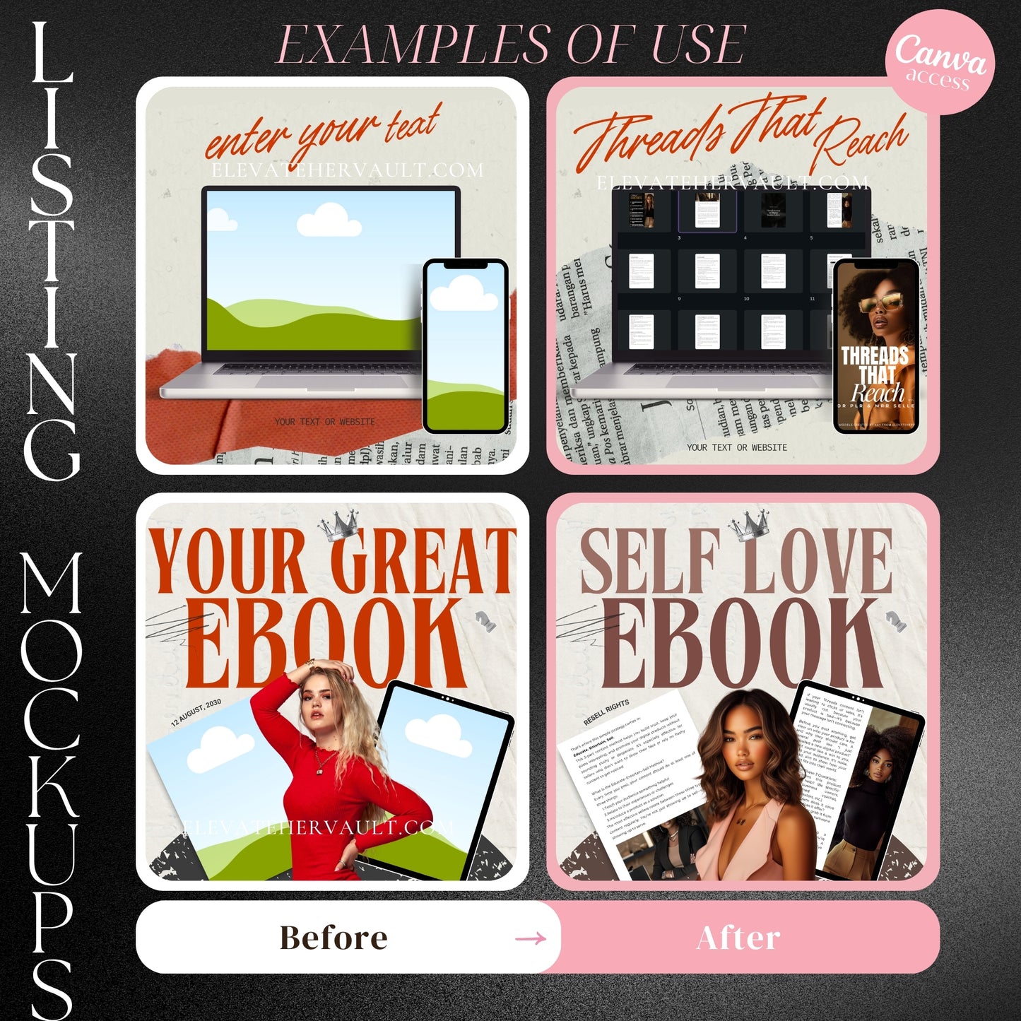 Side-by-side mockup transformation examples using listing mockups covers inside Canva mockup frames. elevatehervault.com