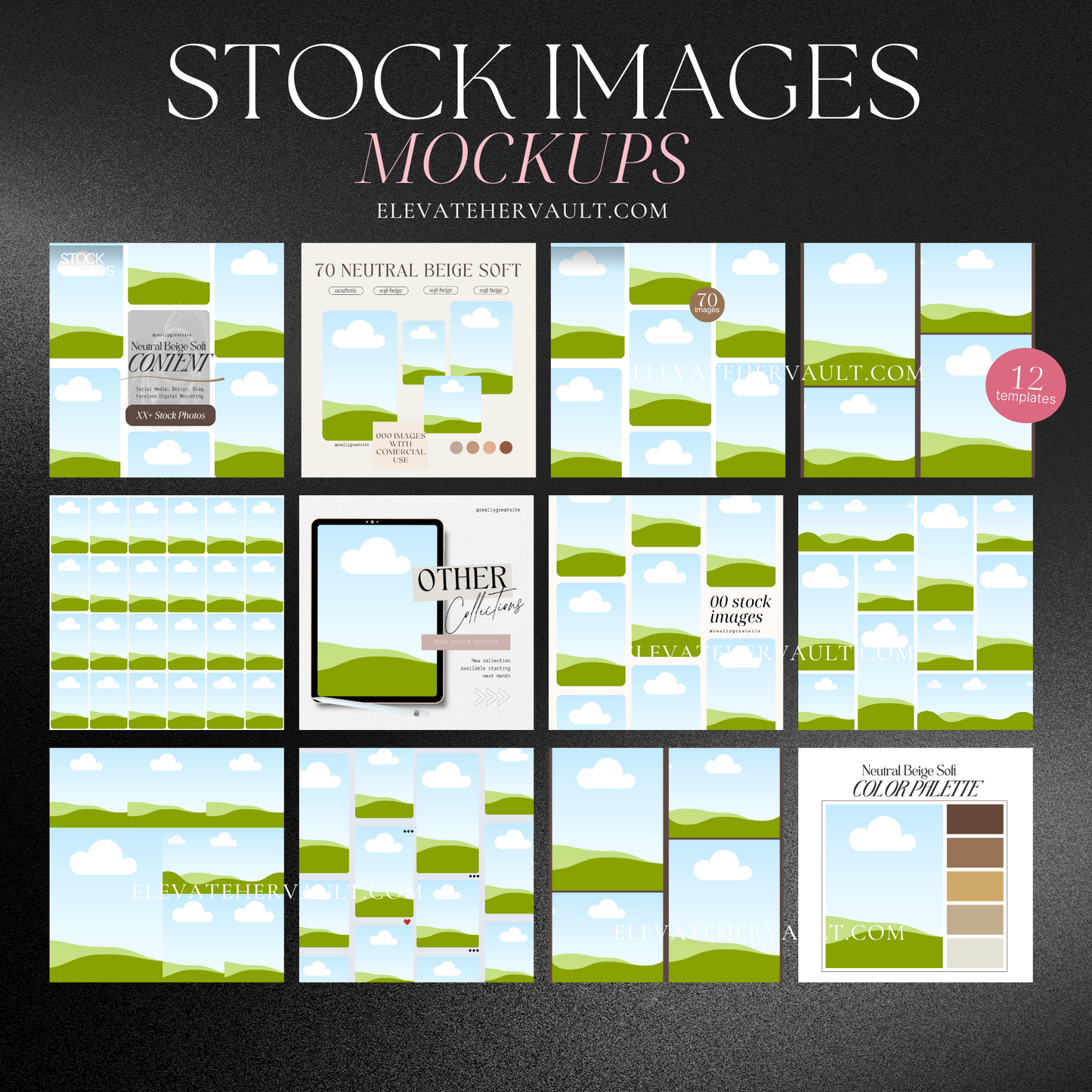 Canva template set overview showing 12 editable mockups for image bundle display – www.elevatehervault.com