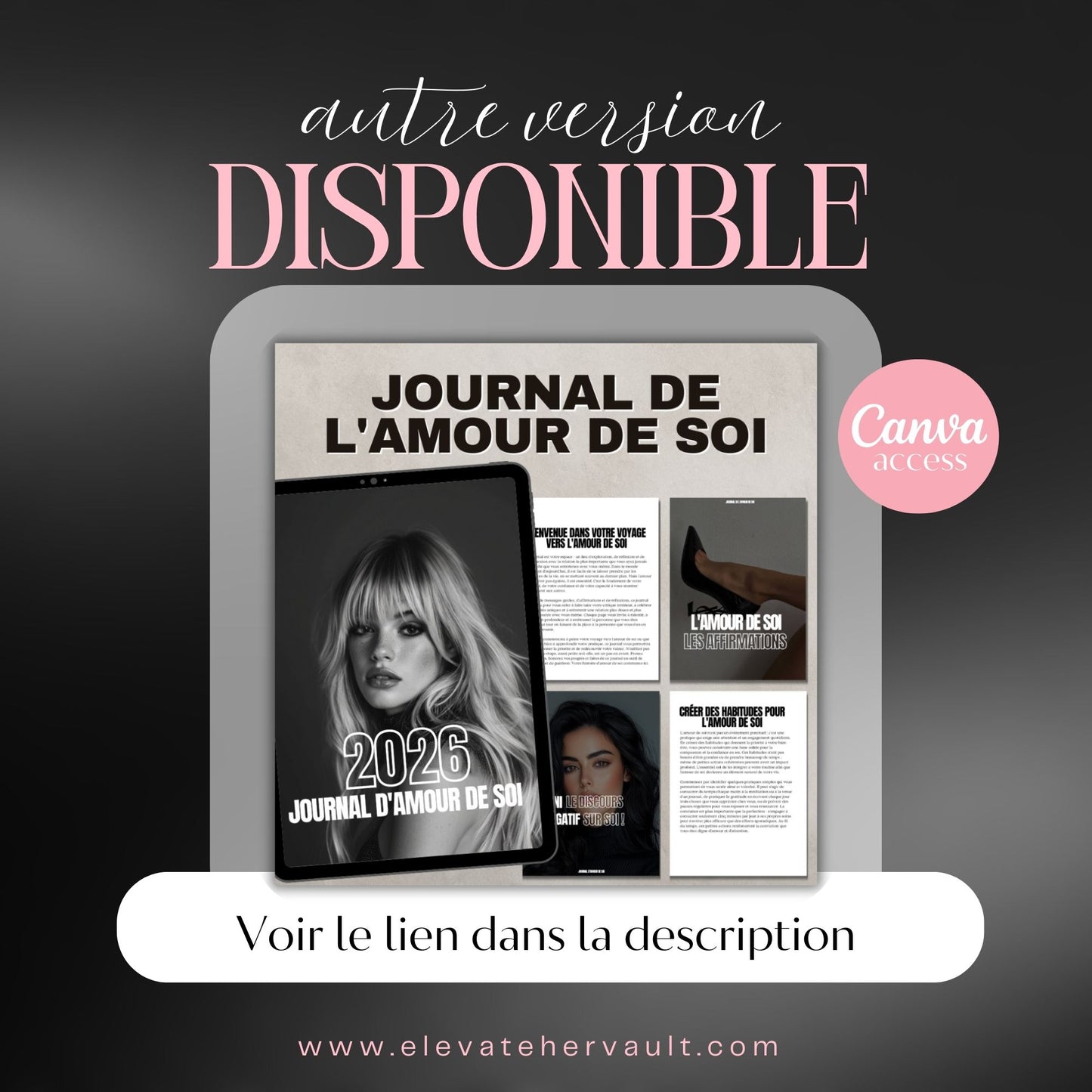 Digital product display with tablet showing 'Journal de l'Amour de Soi' on a dark background www.elevatehervault.com