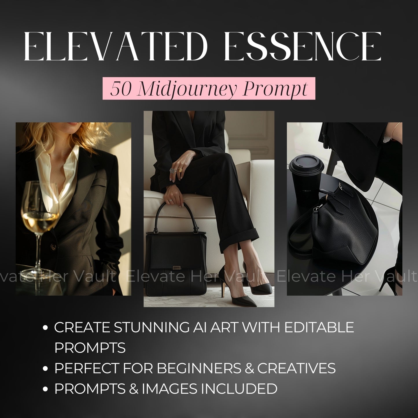 Modern elegance meets digital design prompts, upscale evening visuals for lifestyle creators, cocktail hour glam image ideas with AI, luxury storytelling using AI prompts, strong feminine energy in image generation, digital creator’s toolkit for polished content, MidJourney prompts for sleek female entrepreneurs
www.elevatehervault.com