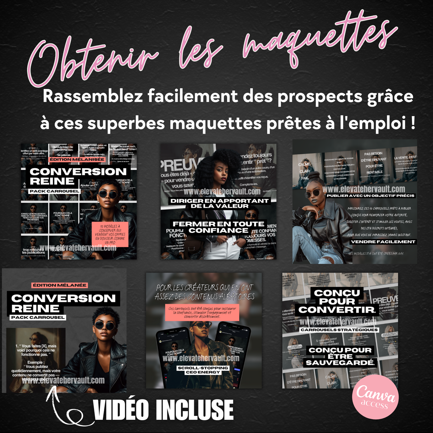 Promotional graphic for product maquettes with text and images on a dark background
