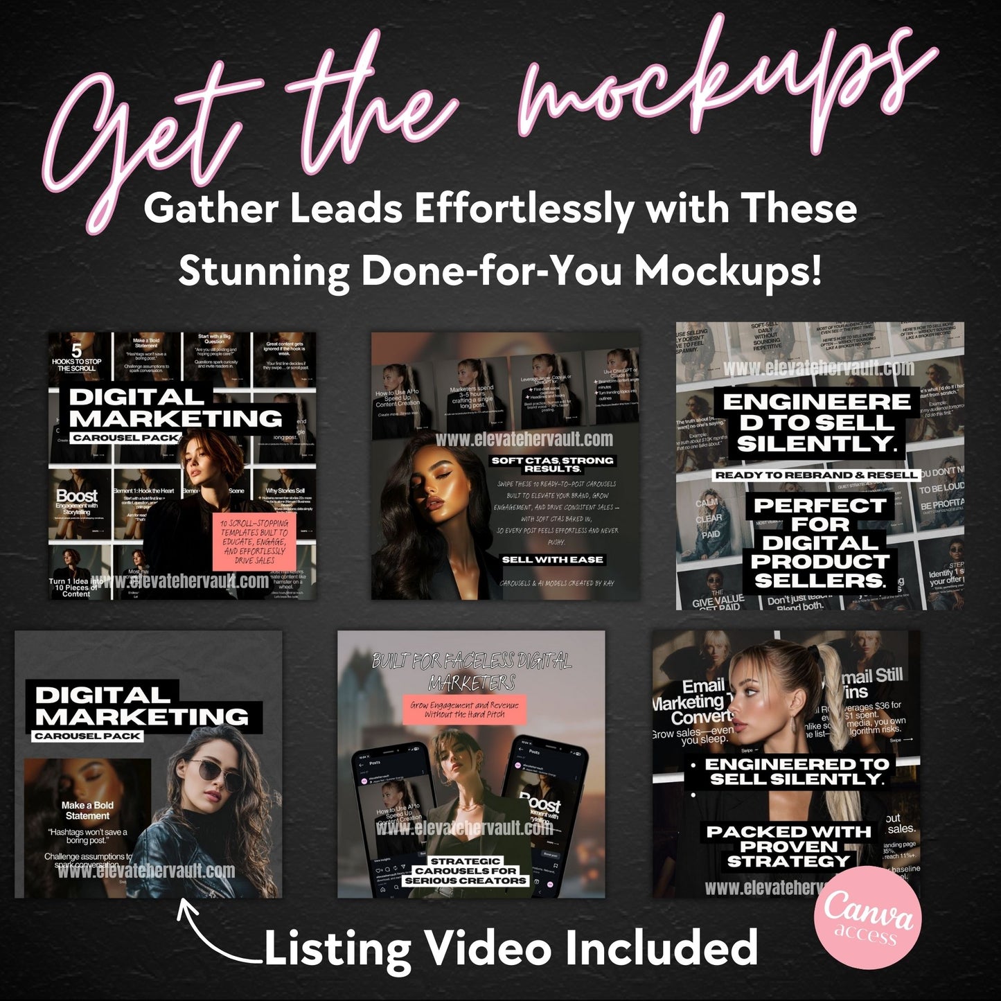 Digital Marketing Carousel Pack – Dark Aesthetic Canva Templates | Faceless Marketing | PLR & MRR | Boss Babe Content