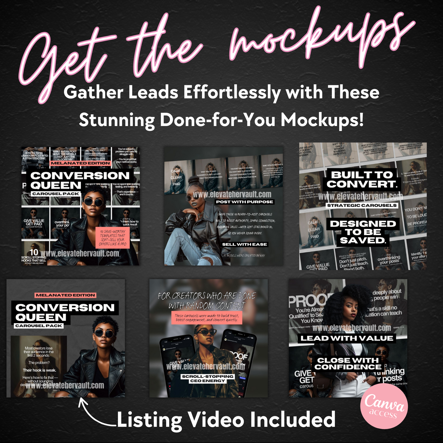 Promotional graphic for conversion queen mockups with text and images on a dark background.