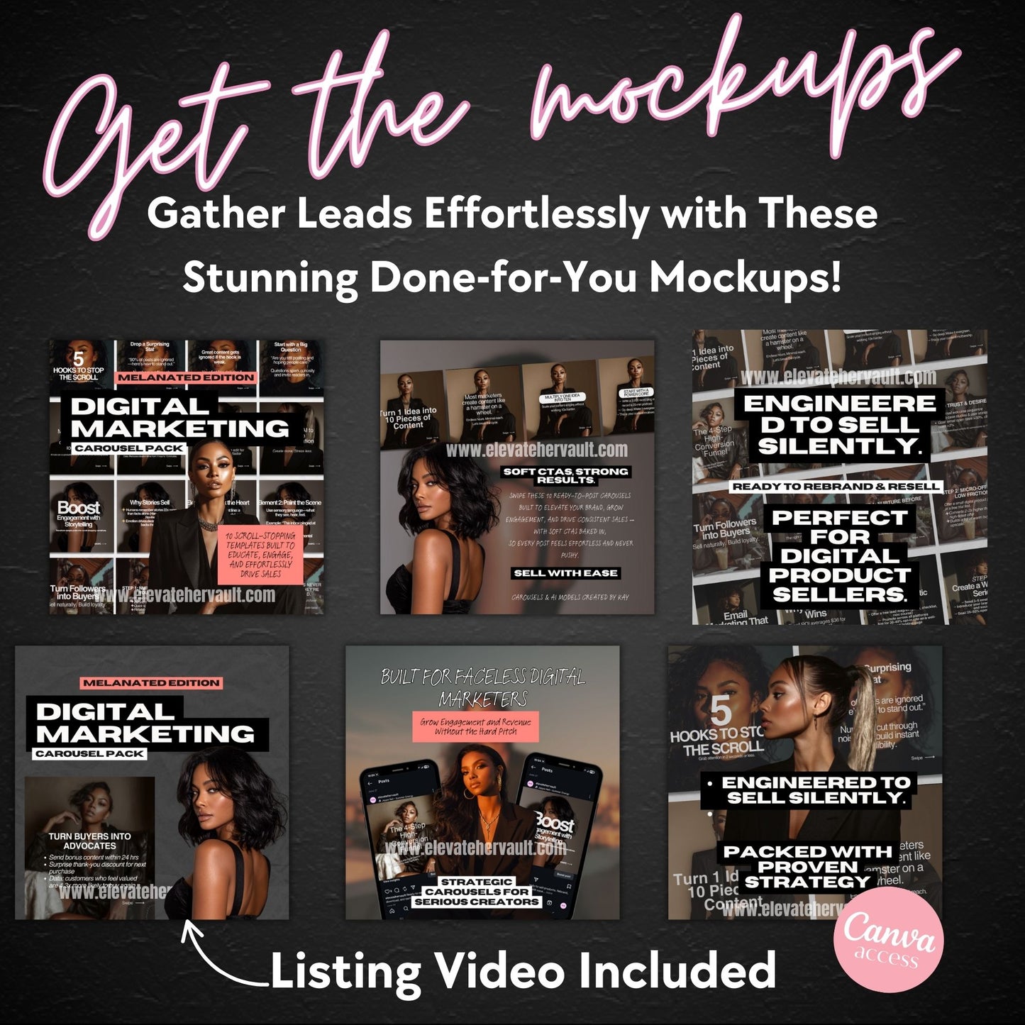Promotional image of digital marketing mockups with text on a dark www.elevatehervault.combackground
