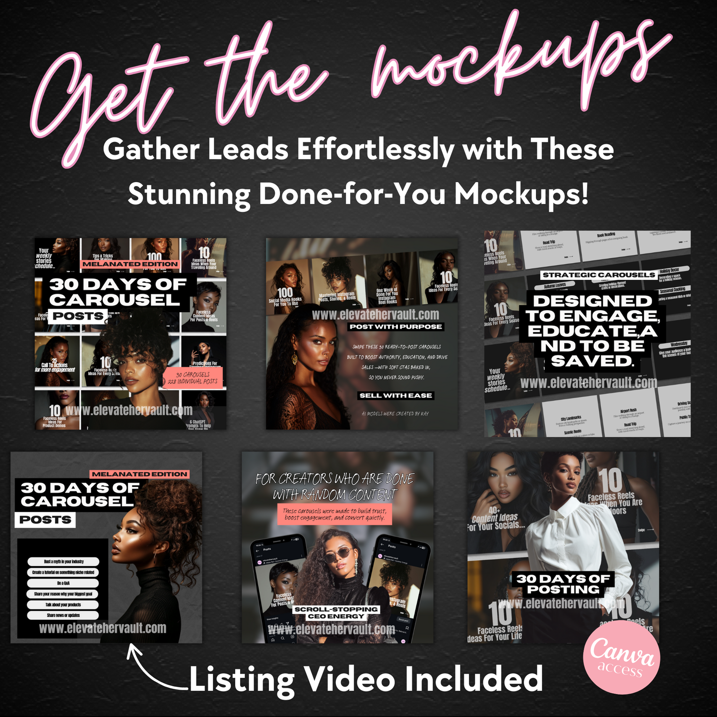 Instagram Carousel Canva Templates Melanated Edition 30 Days of Faceless Digital Marketing Content PLR & MRR