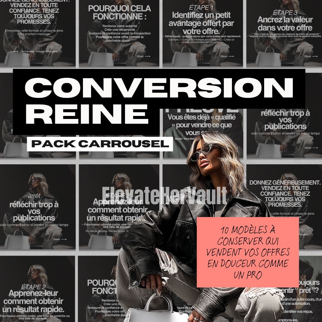 Woman in sunglasses and leather jacket with a pink sign in front of promotional posters for 'Conversion Reine' and 'Pack Carrousel'.
