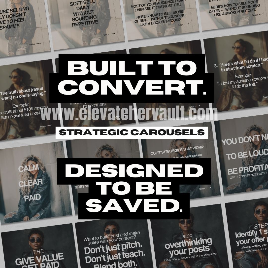 Collage of motivational posters with text and images, featuring the brand 'Elevate Her Vault'.