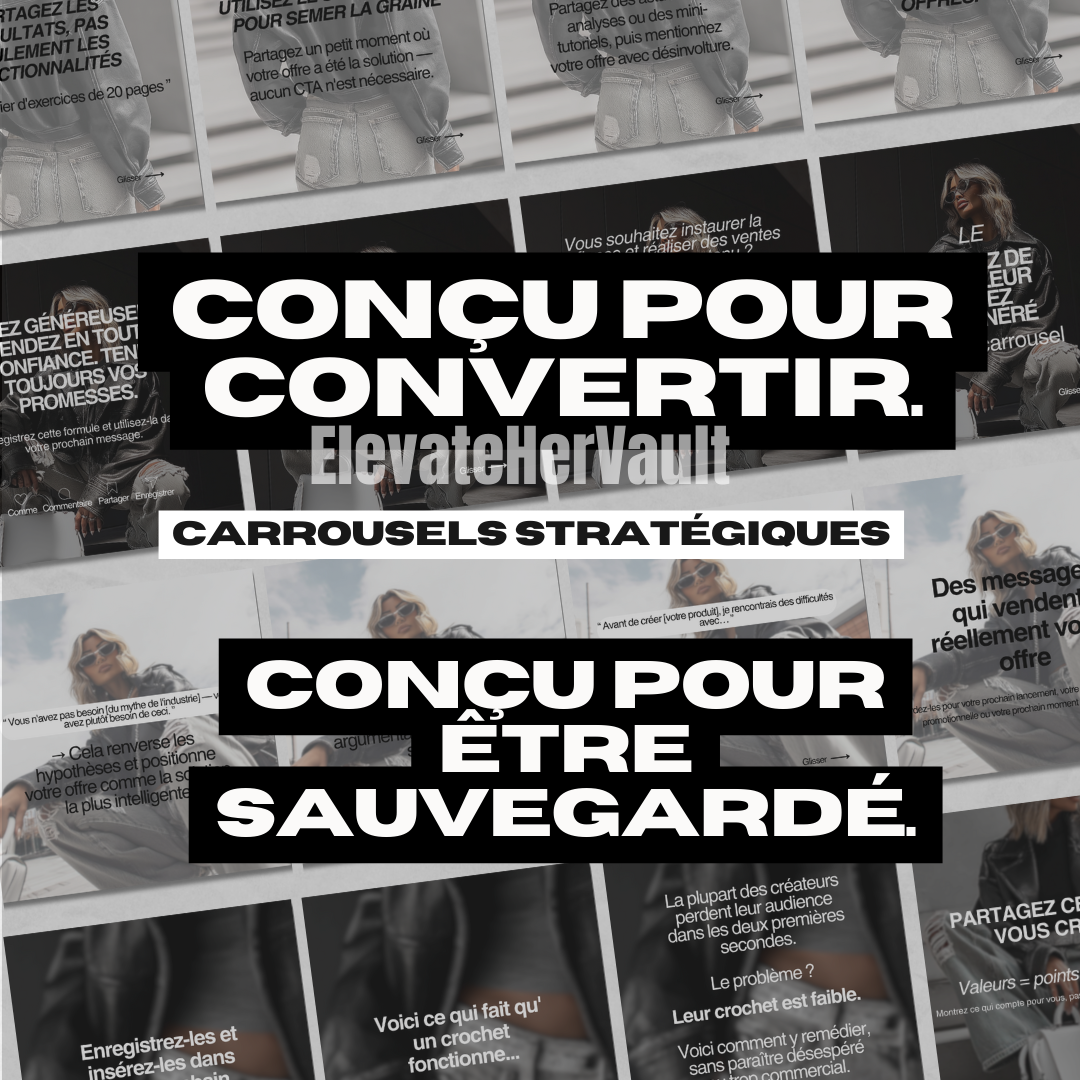Promotional graphic with text 'Conçu pour convertir' and 'ElevateHerVault' branding, featuring a collage of smaller images.