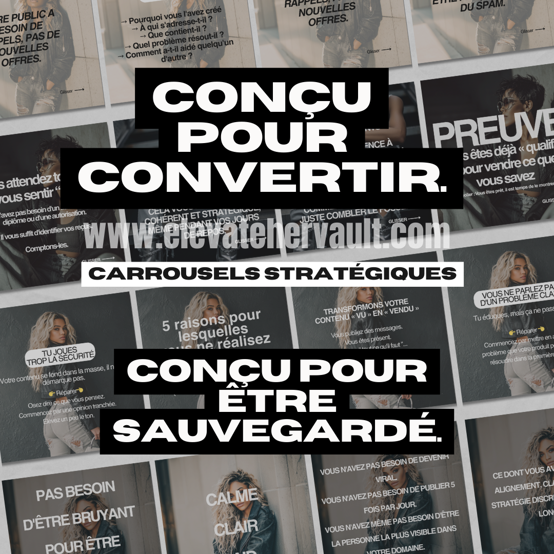Collage of digital ads with text overlay in French promoting strategic carousels.
