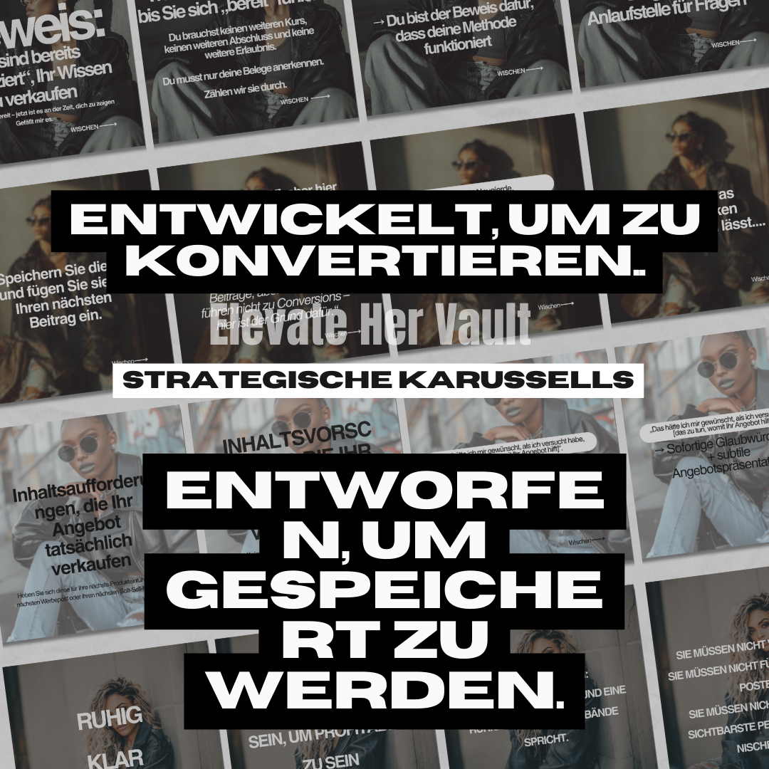 Collage of people with text overlay in German discussing conversion strategies and content creation. German Edition www.elevatehervault.com