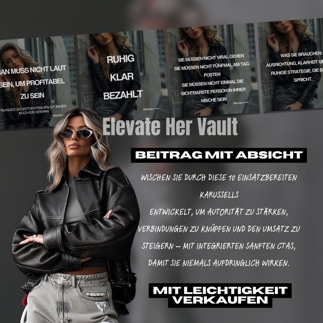 Woman in a leather jacket with text and branding elements on a dark background