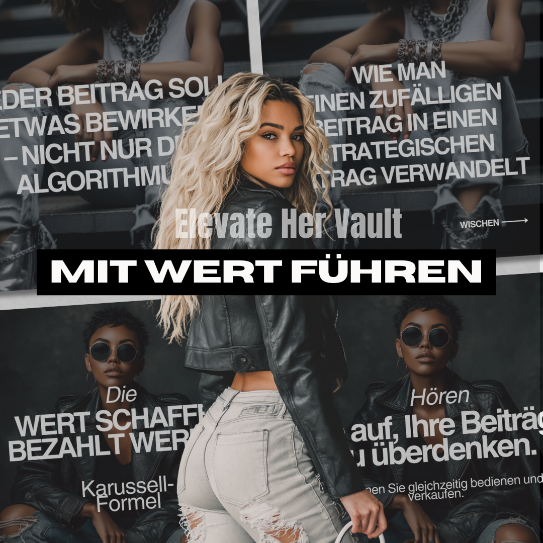 Woman in a leather jacket standing in front of text posters with motivational Afro German Edition www.elevatehervault.comphrases.