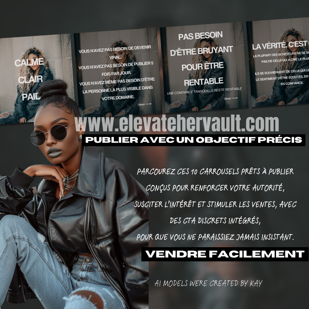 Woman in black leather jacket and sunglasses with promotional text and website URL on a dark background