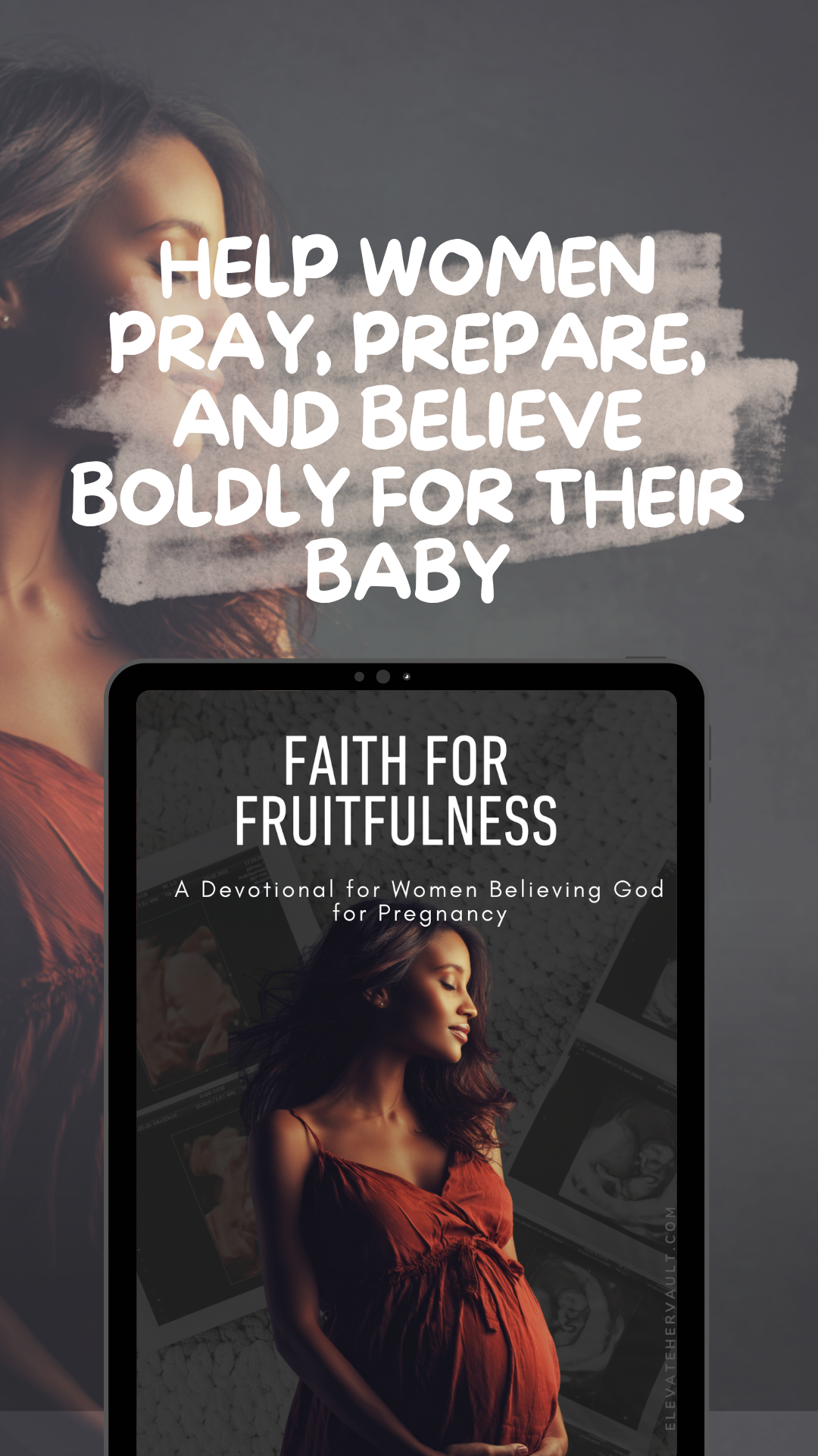 Highlight of the devotional as a Christian printable digital product for faith-based businesses, featuring product cover and branding. elevatehervault.com