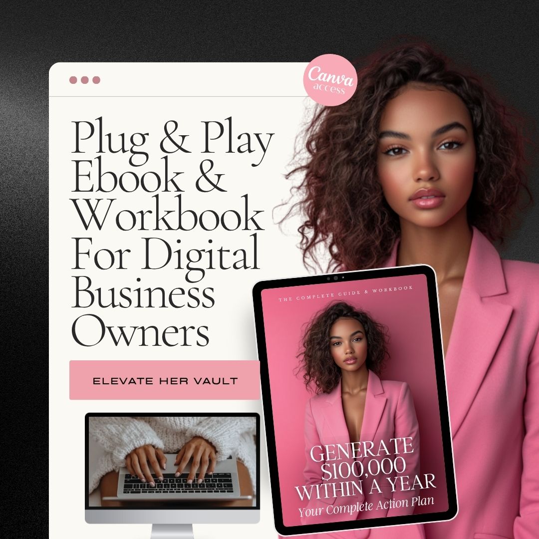 digital product for resale, black woman business tools, Canva ebook mockup, PLR workbook for coaches, earn with resale rights, pink business guide, launch your brand digitally, melanated PLR resource, build and scale workbook, www.elevatehervault.com