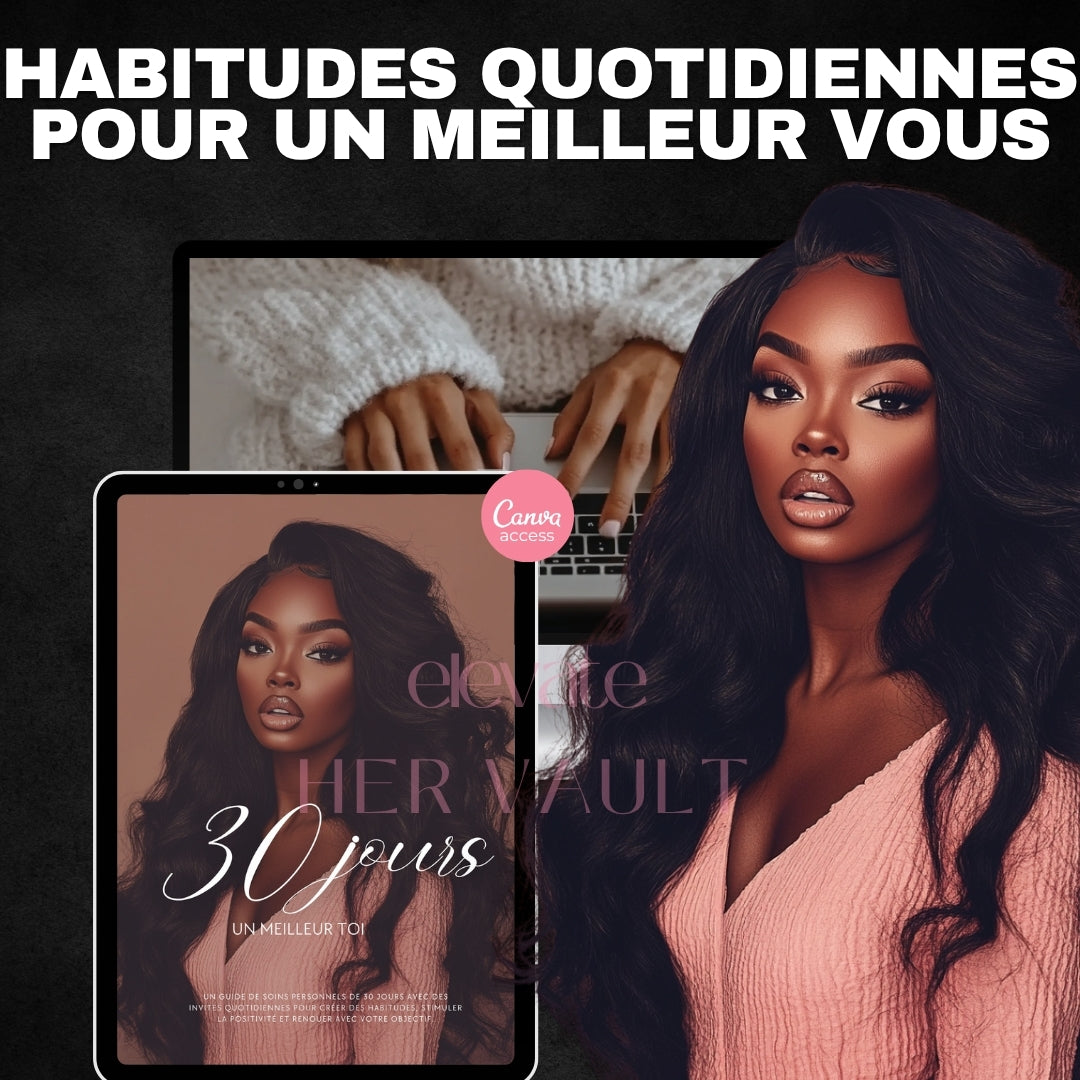 French reflection prompts, Canva self-care guide, personal development in French, editable journal PLR, French-language mindset planner, feminine self-growth ebook, rebrandable PLR toolkit, daily growth content, 30-day guided journal, www.elevatehervault.com