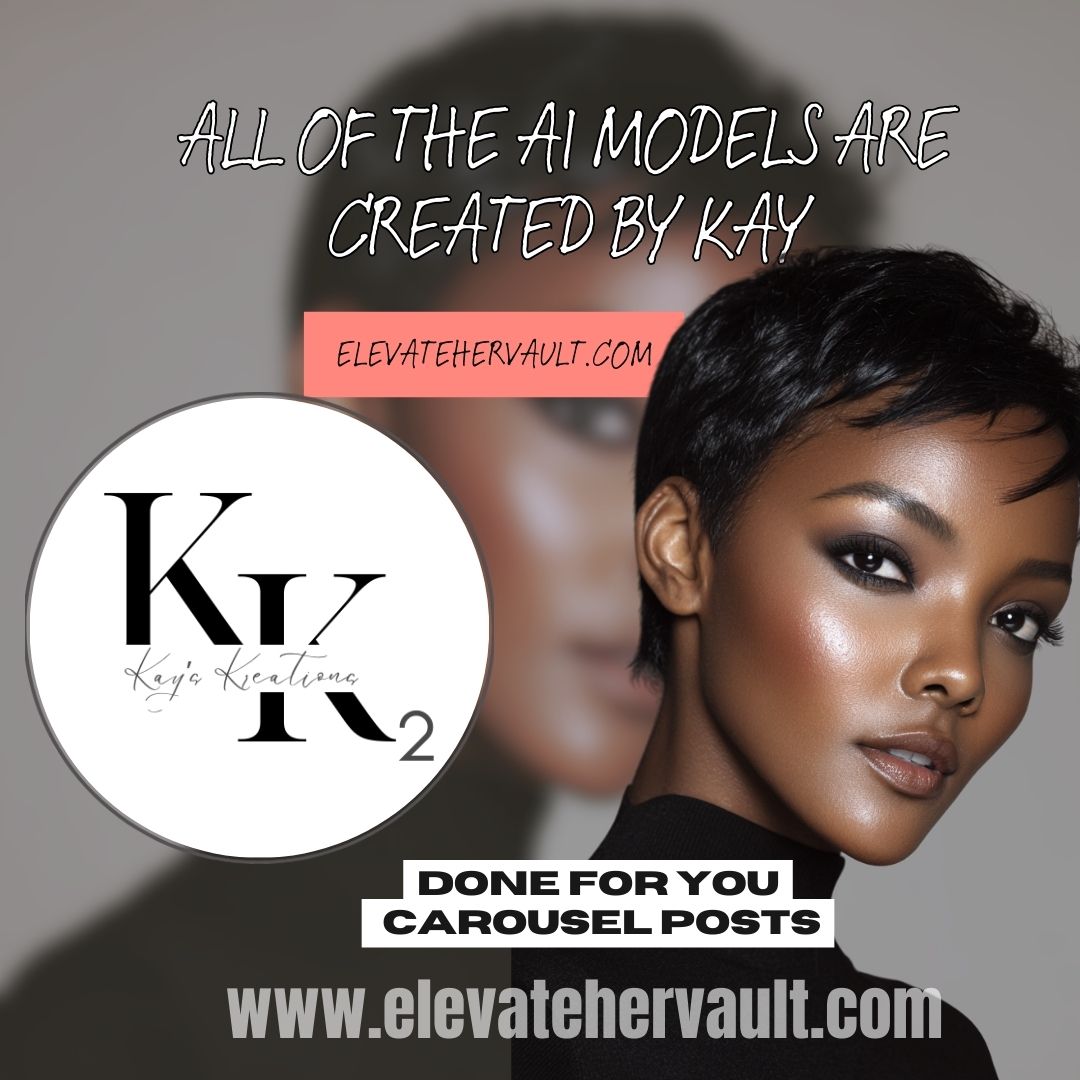 Woman with styled hair, text about AI models created by Kay from ElevateHerVault.com