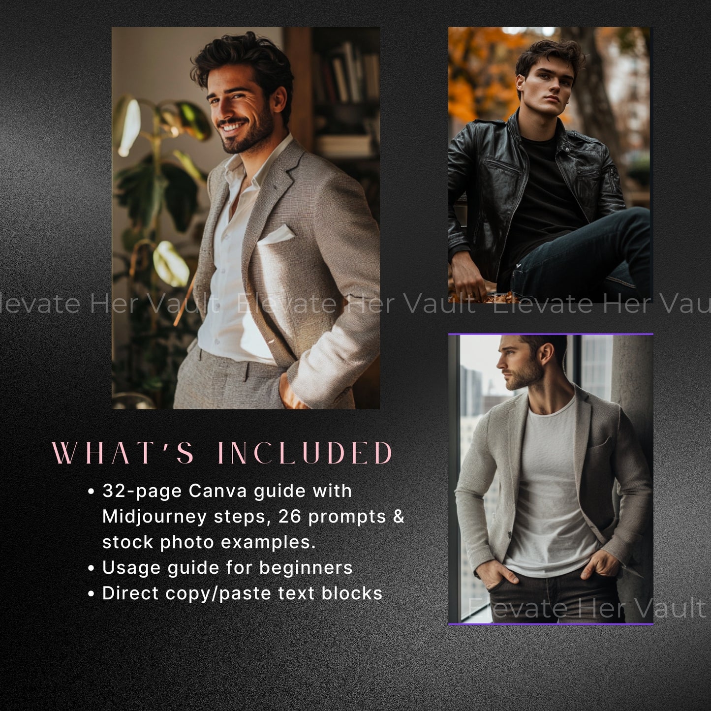 AI image prompts for bold men’s visuals, fashion model-style MidJourney prompt examples, luxury men’s branding with clean tone, confident energy for personal brand building, photo-style images created with prompt guide, upscale fashion visuals made using AI
www.elevatehervault.com
