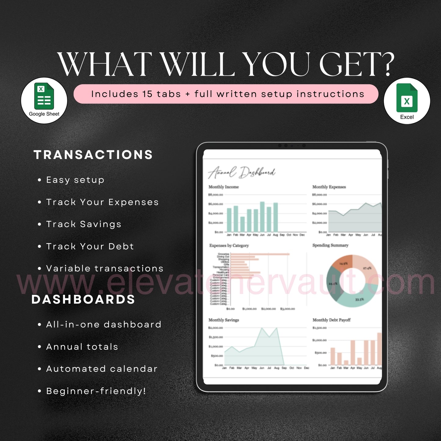 budget tracker template, Excel monthly budget, Google Sheets budgeting spreadsheet, smart finance tracker, expense tracker sheet, annual budget spreadsheet, digital planner for money, financial dashboard tracker, monthly spending sheet, personal finance template, www.elevatehervault.com