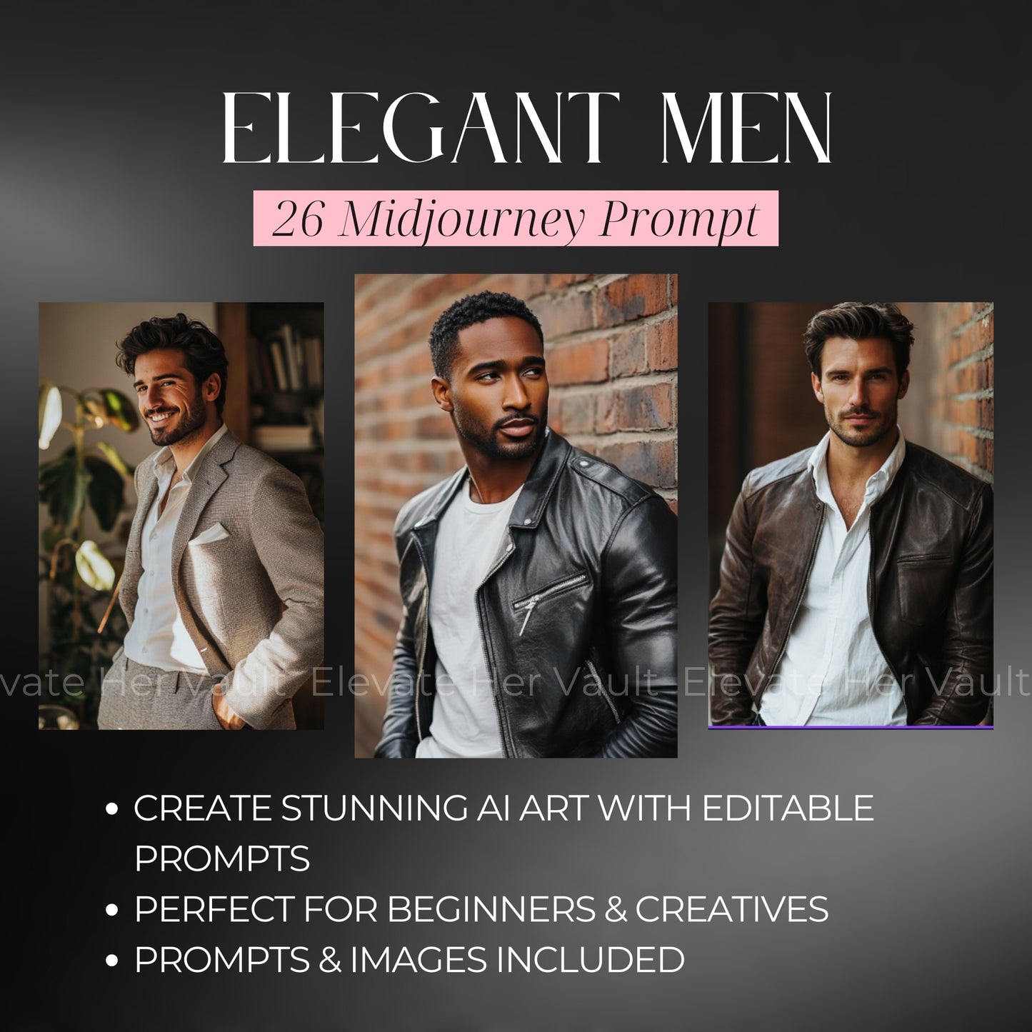Prompt format breakdown for elegant visuals, MidJourney prompt structure for masculine brands, AI guide for image creation with minimal effort, format support for clean and strong visuals, visual content made easy through prompt architecture
www.elevatehervault.com