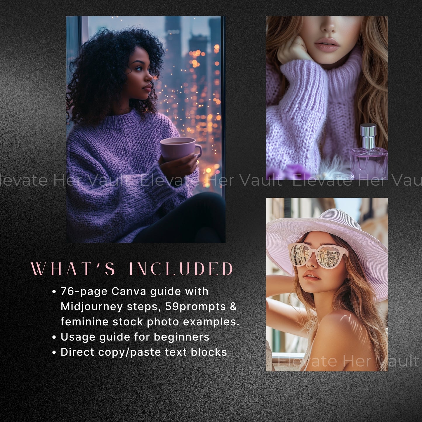 unique MidJourney prompts for lavender visuals, Canva-based guide to using AI prompts, stock-style examples help beginners succeed, easy to follow AI image training, perfect for building a consistent brand image, feminine prompts for creators and digital marketers, upscale and creative content planning tools, all-in-one bundle for visual storytelling
www.elevatehervault.com