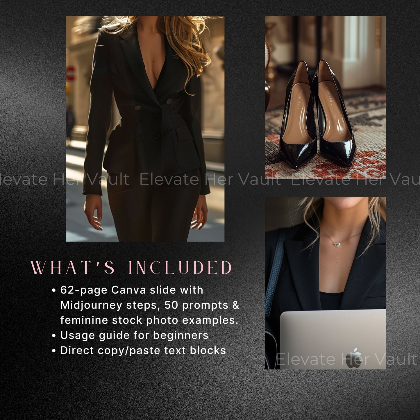 50 MidJourney prompts for luxury and sleek visuals, includes Canva slide guide with usage walkthrough, stock-style example images for branding inspiration, learn to use prompts even as a beginner, branding images made for female creators, polished aesthetic toolkit for marketers, everything included to create and resell visuals
www.elevatehervault.com
