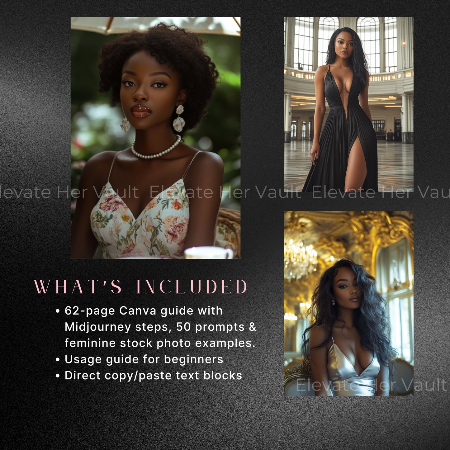 Includes 50 MidJourney prompts focused on black beauty, AI image creation tools for cultural brands, Canva guide included for easy use, resale rights and image samples provided, visual kit made for Black women creators, content branding resources for lifestyle visuals
www.elevatehervault.com