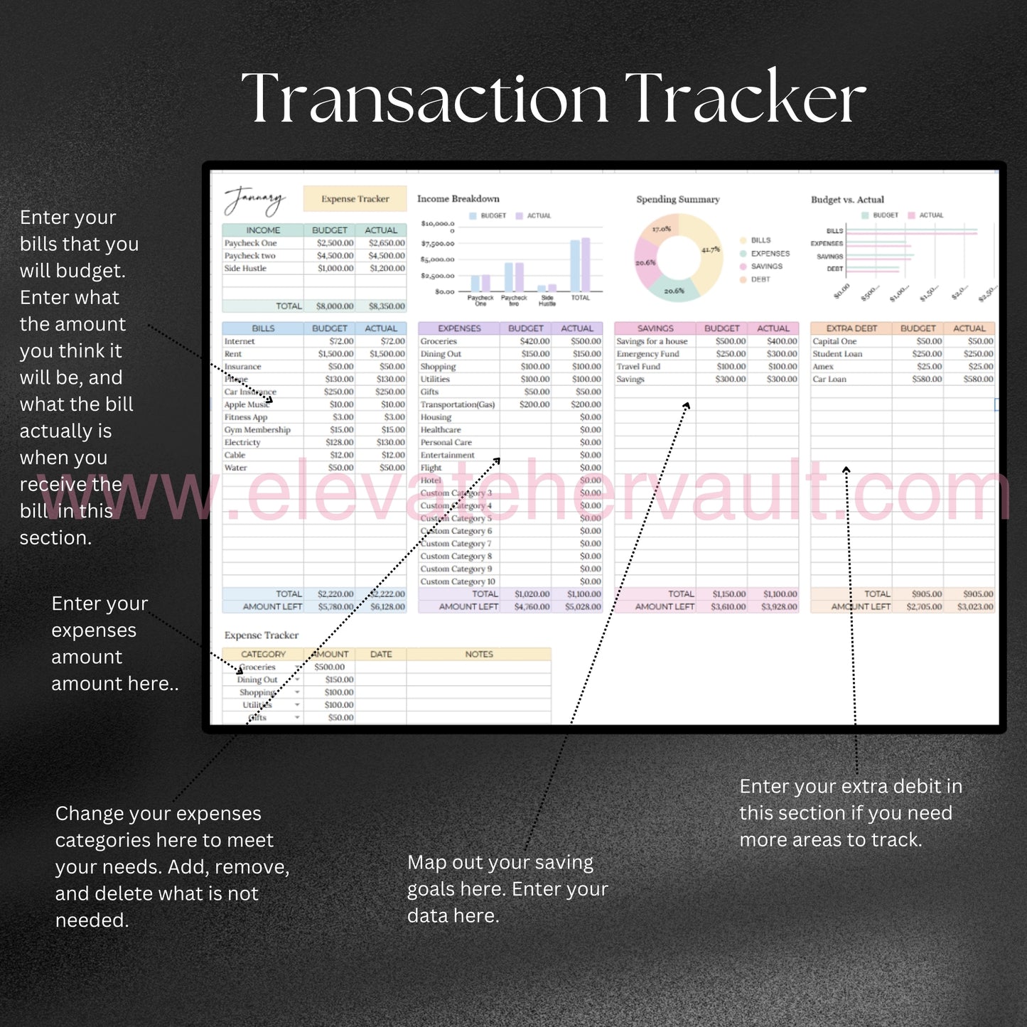 monthly bill tracker, personal finance spreadsheet, Google Sheets expense tracker, Excel transaction log, budgeting worksheet digital, automatic budget tracker, editable bill payment sheet, income and spending chart, customizable budget planner, financial planning tool, www.elevatehervault.com