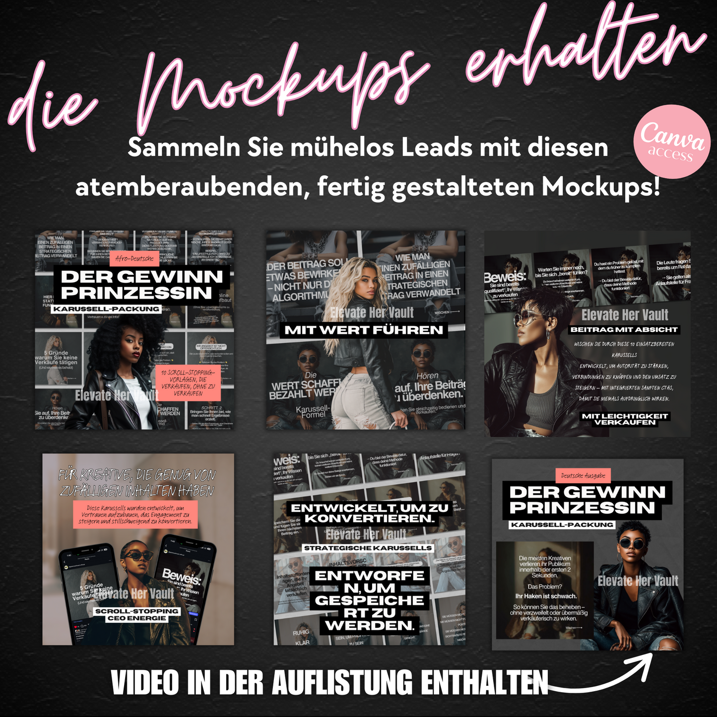 Promotional image of Canva mockups with text in German on a dark background Afro German Edition www.elevatehervault.com