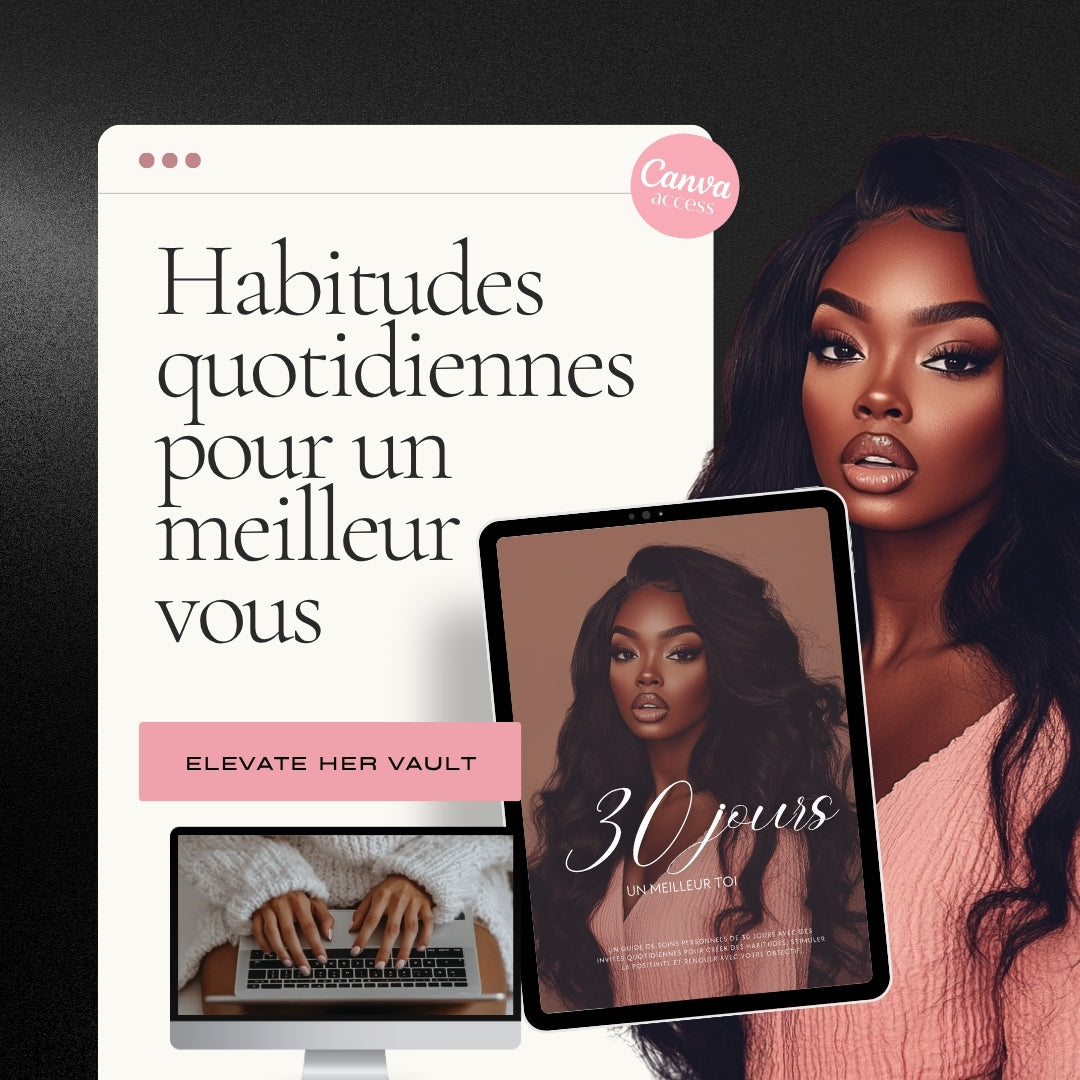 French gratitude prompt, self-improvement in French, Canva workbook PLR, French women’s devotional, wellness challenge ebook, PLR self-love journal, French-language journal pages, digital product for coaches, 30-day reset guide, www.elevatehervault.com