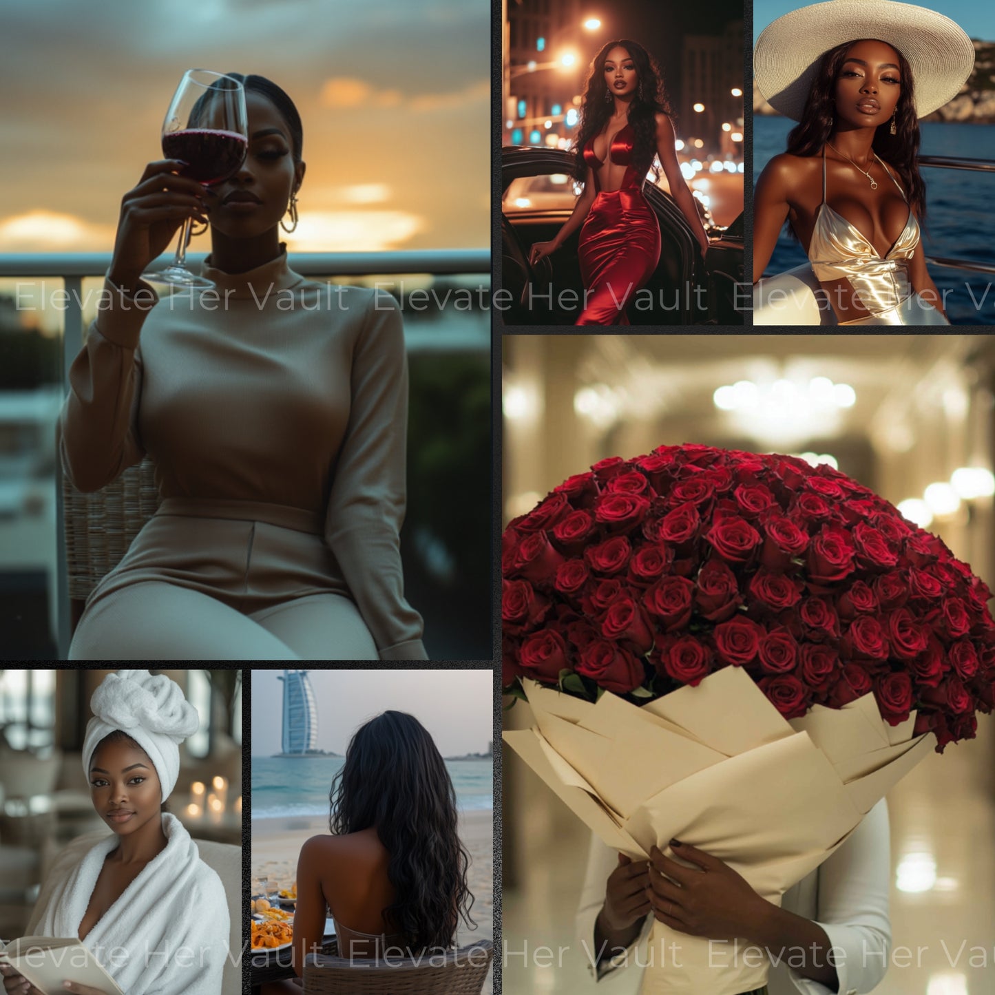Luxury visuals featuring Black women in elegance, AI prompts for melanin-rich representation, create soft glam content using MidJourney, sophisticated digital visuals for content creators, lifestyle luxury prompt pack with resale rights, aesthetic visual scenes created using AI, black excellence reflected in AI art prompts
www.elevatehervault.com