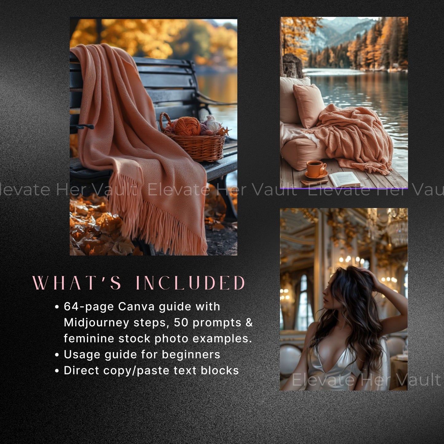 MidJourney prompts for soft glam & reading vibes, fall aesthetic prompts for brand visuals, quiet moments captured through AI, luxury calm content in autumn tones, lifestyle image ideas for book lovers, cozy content toolkit with resale option, create seasonal content that feels styled, AI prompts perfect for fall product creators, curated visuals that feel soft and inspiring
www.elevatehervault.com