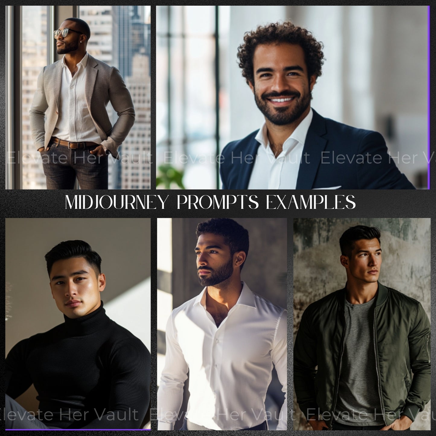 AI image prompts for bold men’s visuals, fashion model-style MidJourney prompt examples, luxury men’s branding with clean tone, confident energy for personal brand building, photo-style images created with prompt guide, upscale fashion visuals made using AI
www.elevatehervault.com