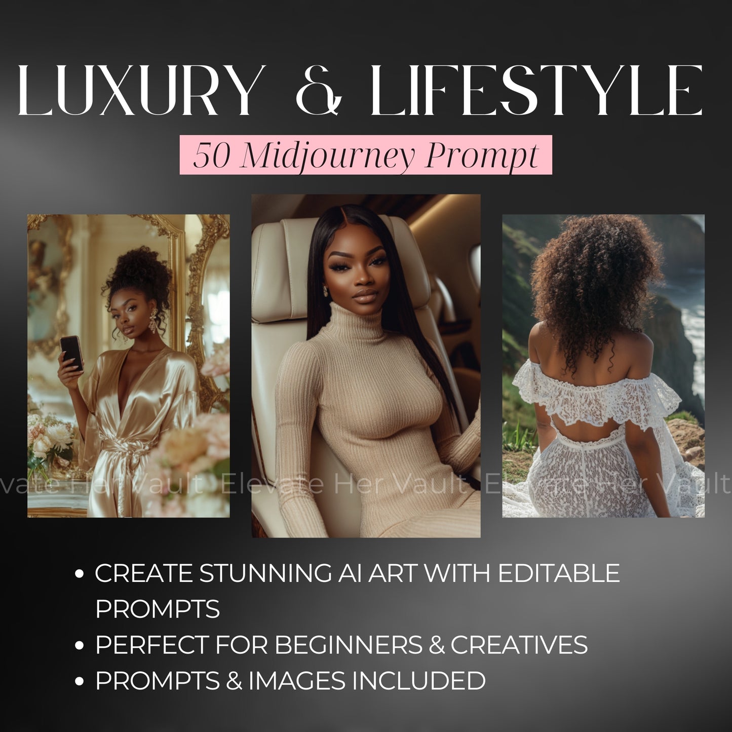 Luxury fashion prompts featuring melanated models, black women in nightlife & glam aesthetics, create bold content with MidJourney prompts, lifestyle branding for empowered visuals, high-glam image ideas for bold personal brands
www.elevatehervault.com