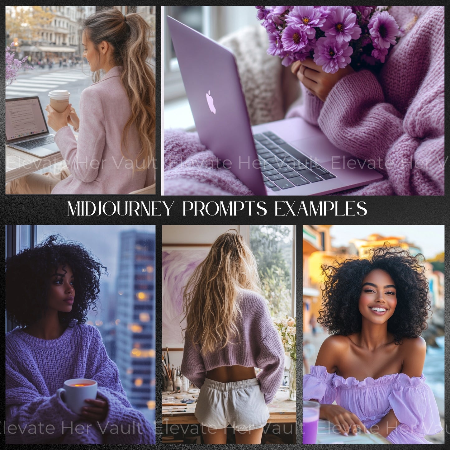Realistic AI image examples from the included prompts, soft purple lifestyle visuals you can replicate, MidJourney-generated images for brand content, showcase of luxury-inspired AI results, visual mood board created from real prompts, lavender image inspiration for creators, high-end look with beginner-level prompts, stock photo-style results from simple text
www.elevatehervault.com