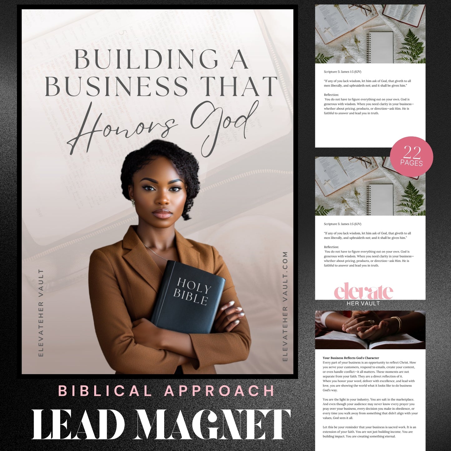 lead magnet mockup for women, Christian entrepreneur visual, scripture-based coaching tool, KJV affirmation workbook, business devotional visual, faith-based rebrand mockup, Canva Christian branding mockup, editable workbook cover, Christian course bundle design, faith-centered PDF visuals, www.elevatehervault.com