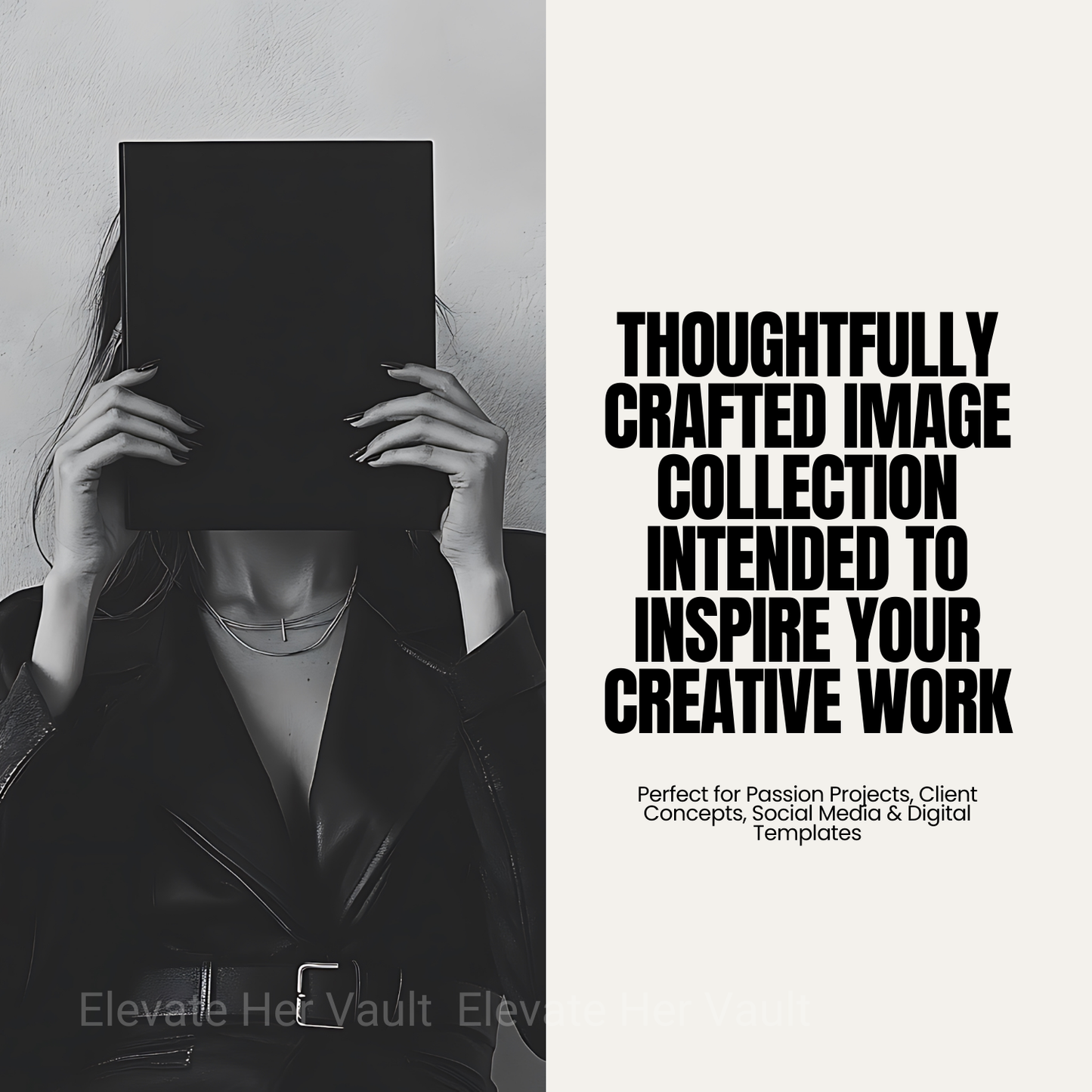 Person holding a black book over their face with text about a thoughtfully crafted image collection.