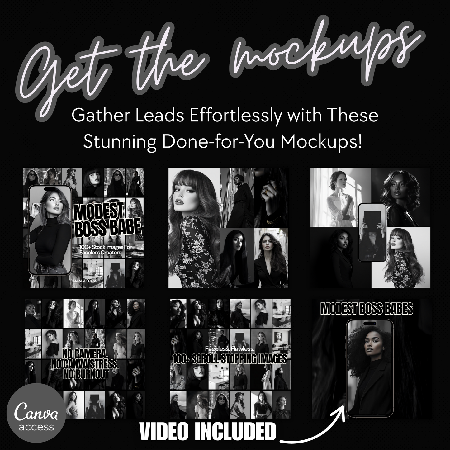 Promotional graphic for 'Modest Boss Babe' mockups with text and images on a black background.