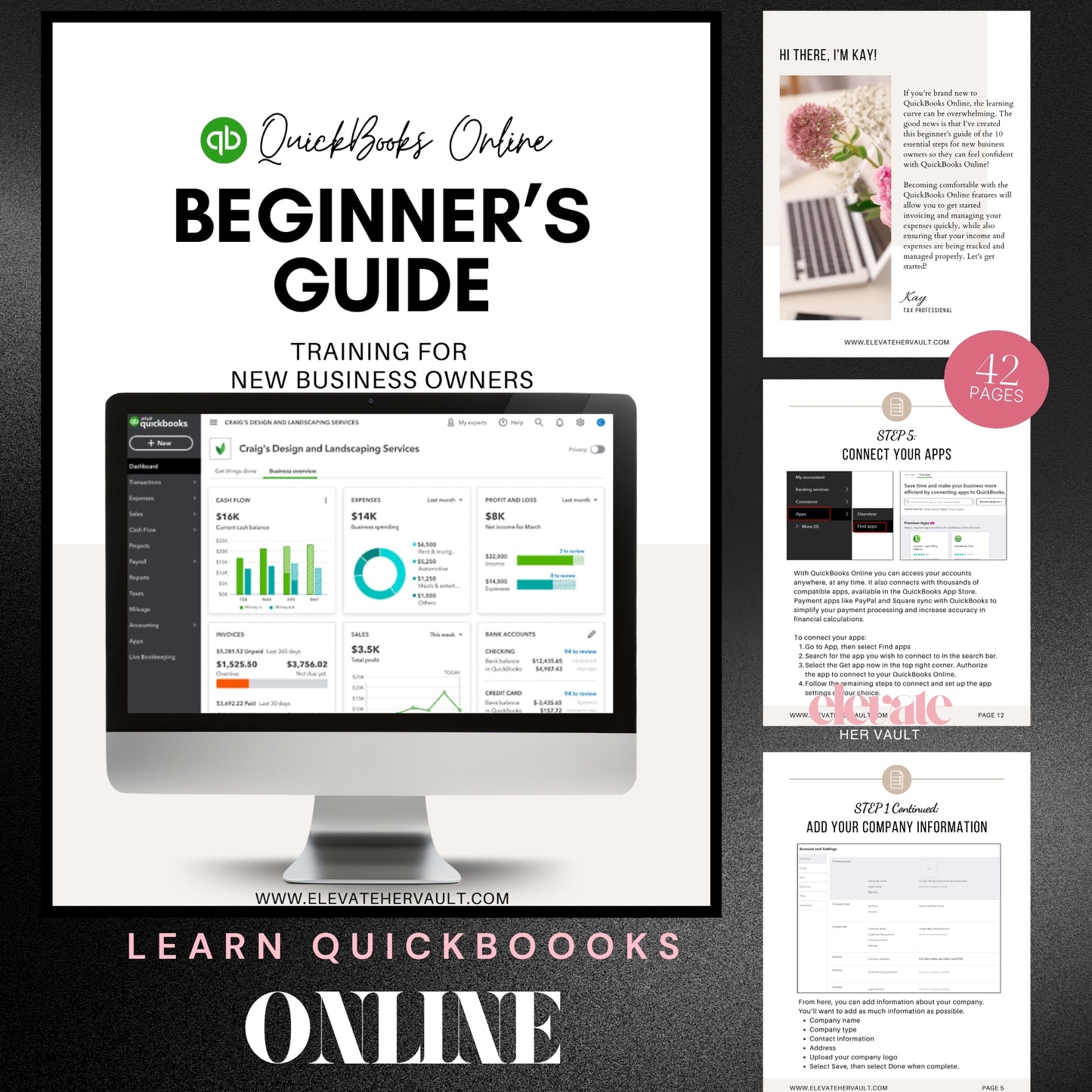 Editable QuickBooks guide, online accounting training, beginner bookkeeping steps, financial eBook QuickBooks, learn to invoice in QuickBooks, bookkeeping checklist, QuickBooks how-to guide, new business financial help, QBO workbook, money management for startups, www.elevatehervault.com