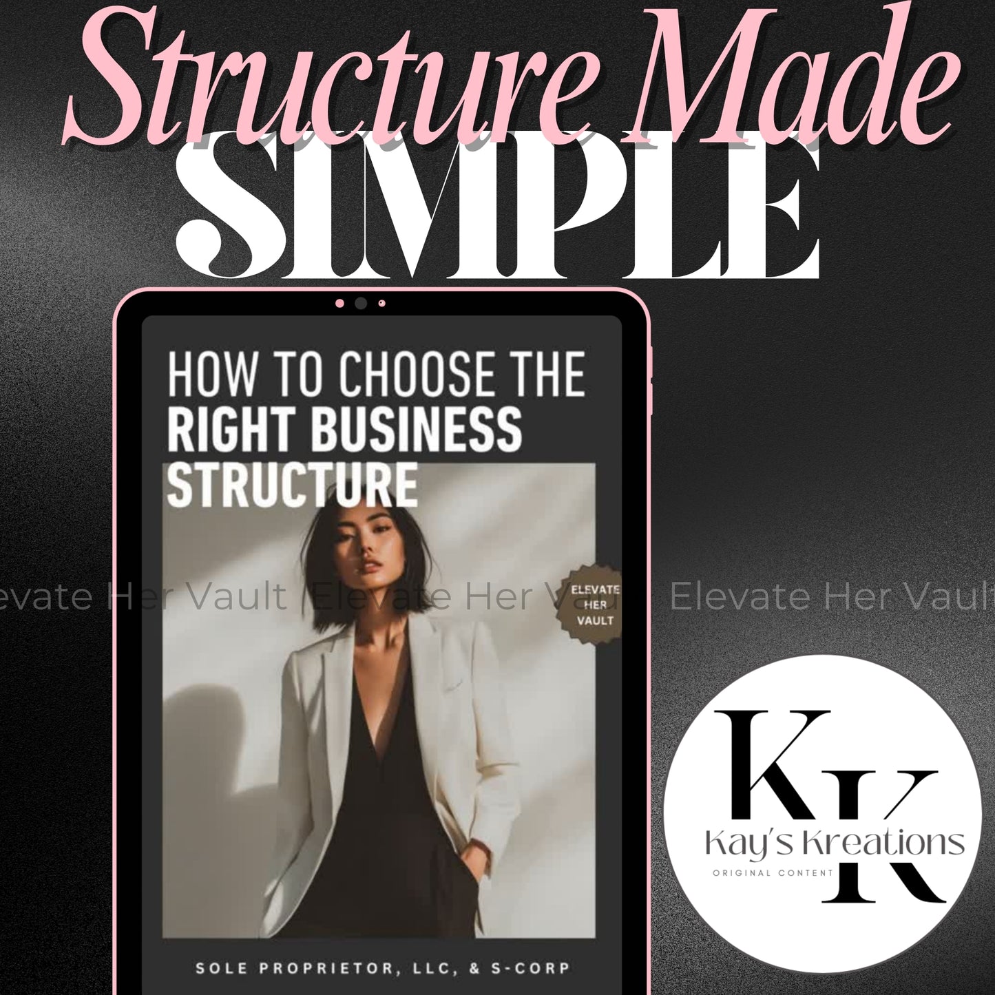 Structure Made Simple mockup with clean black background and play button for video preview – www.elevatehervault.com