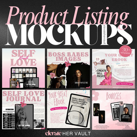 Main mockup collage featuring digital product listing templates for ebooks, journals, and social posts – elevatehervault.com