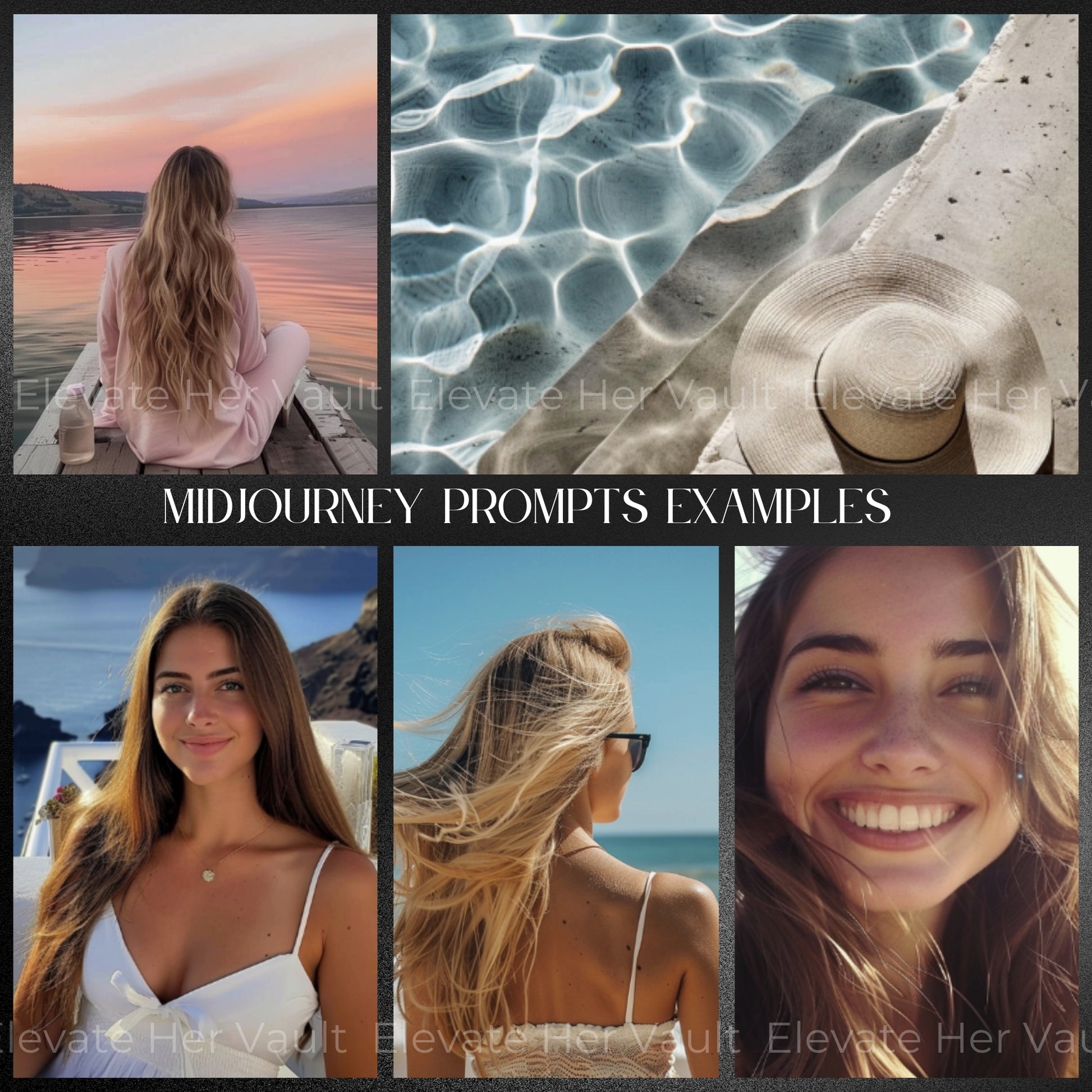 Example visuals from actual AI prompts, stock-style images from sun-kissed prompts, travel-inspired and beachy aesthetic made with AI, MidJourney-generated image showcase for branding, create your own version using our prompts, preview the glow of this image toolkit, warm and bright visuals that sell, lifestyle brand image inspiration, digital content that matches your audience vibe
www.elevatehervault.com