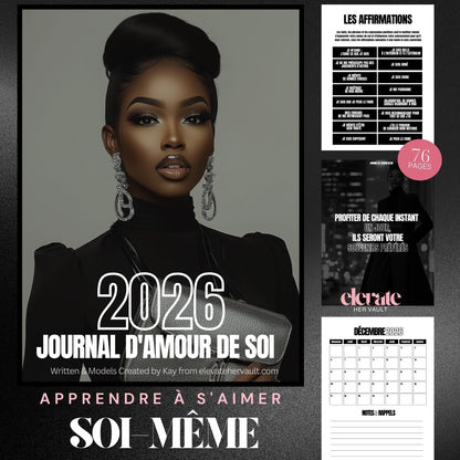 2026 self-love journal with a woman's portrait and calendar on a dark background www.elevatehervault.com
