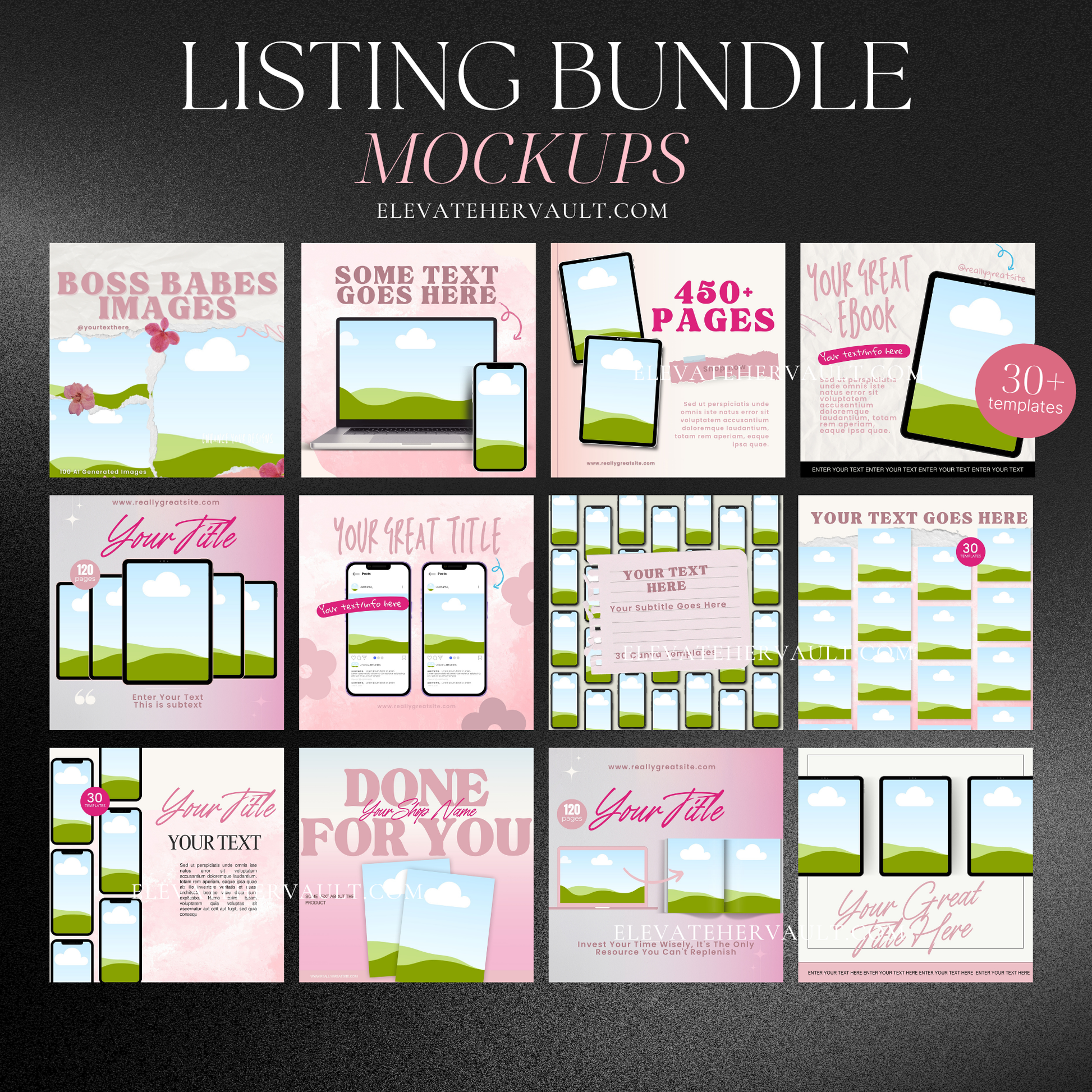 Listing Bundle mockups with pink-themed templates for bold ebook and digital sellers – elevatehervault.com